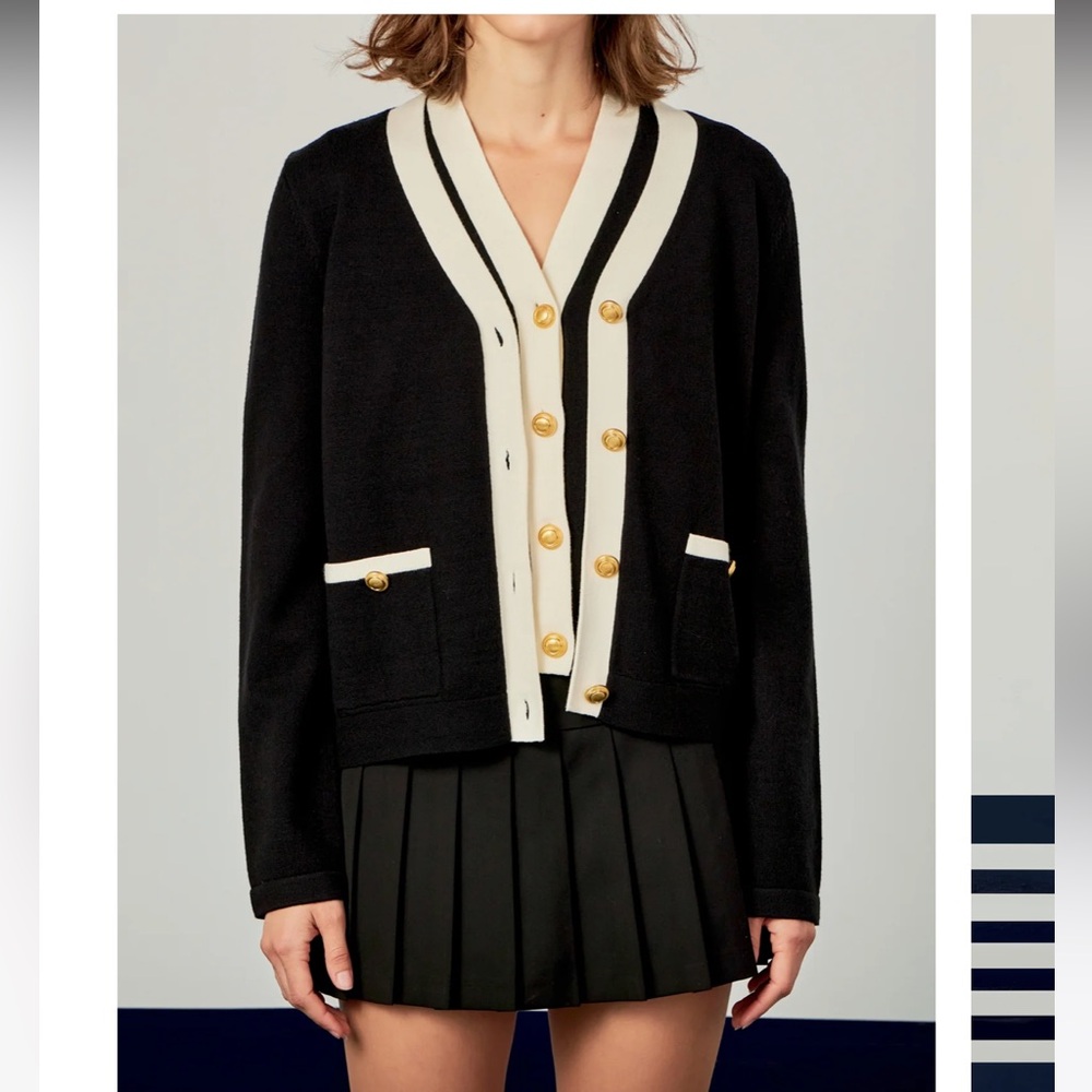 English Factory knit cardigan black white gold buttons nwt sweater top